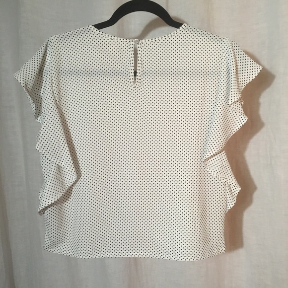 Flowy White Black Polka Dot Flutter Sleeve Top - Picture 6 of 7